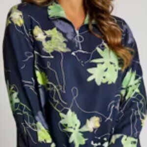 Ulla Popken Cheerful Floral Print Zip Front Long Sleeve Soft Blouse Size 16/18